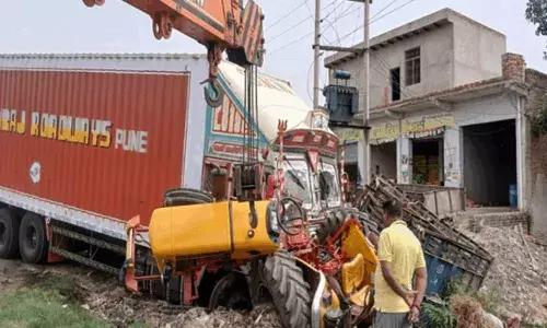 बकरों से लदा कैंटर डिवाइडर से टकराया, पिता-पुत्र समेत चार की मौत, छह घायल